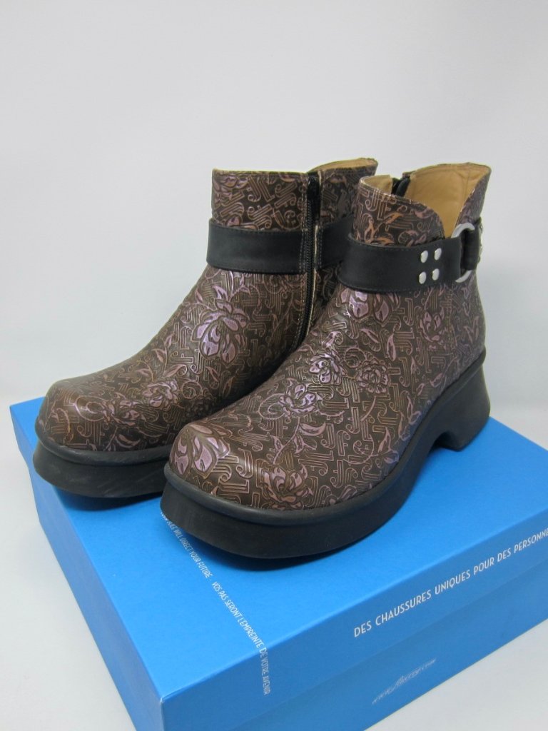 John Fluevog Harmony Accord Brown/Purple Floral Zip-Up Ankle Boot